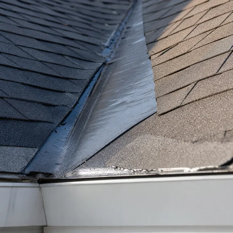 Roof valley draining toward a gutter at the roof edge