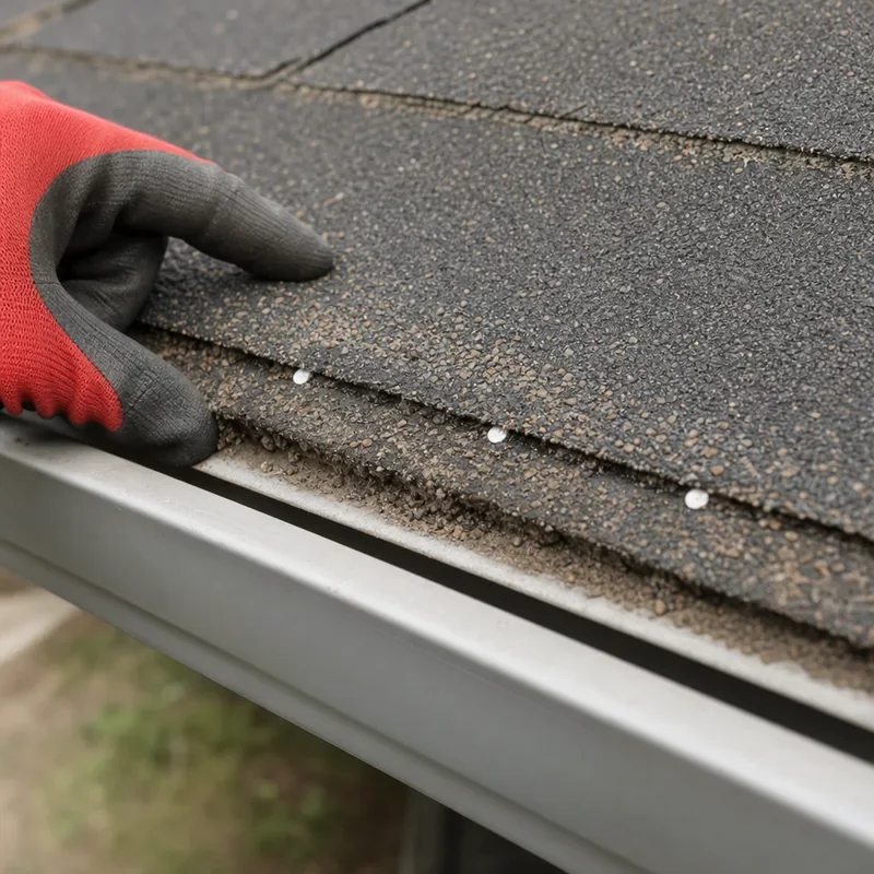 Gloved hand at the edge of asphalt shingles above a gutter, with loose granules collecting