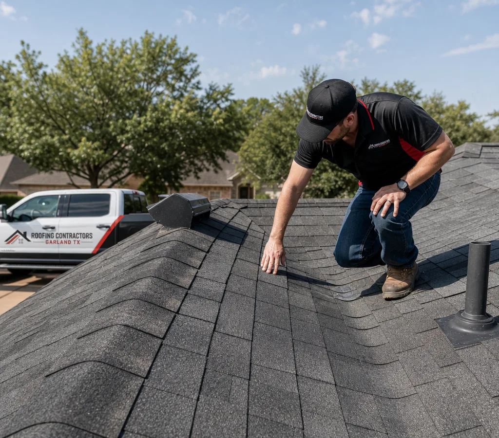 Roofing contractor kneeling on an asphalt shingle roof and checking the shingles by hand