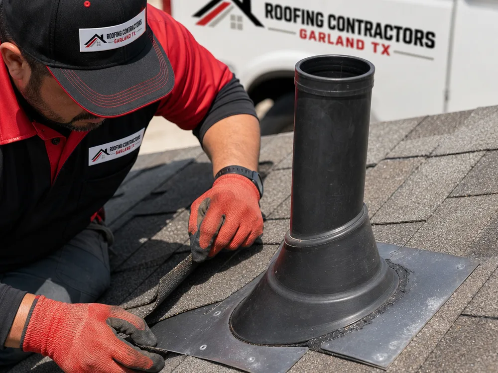 Roofer working at the base of a vent pipe on an asphalt shingle roof