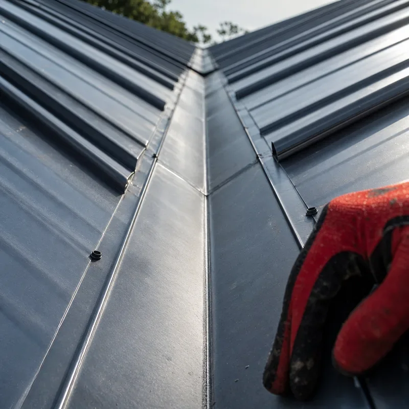 Formed metal roof valley flashing and panel hems directing water flow