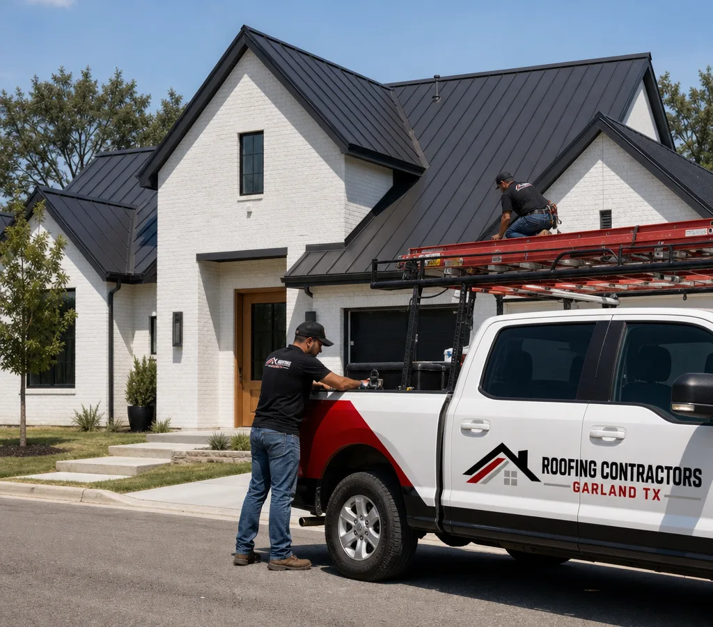 Two-story white brick home with a dark metal roof and a contractor's truck parked in front