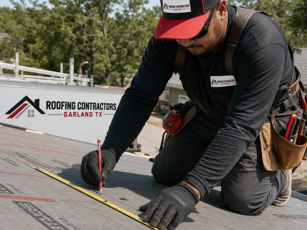 Roofer measuring and marking roof underlayment with a tape measure and pencil