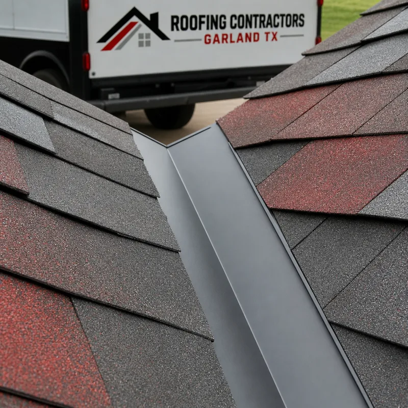 Roof valley lined with metal between two shingle slopes