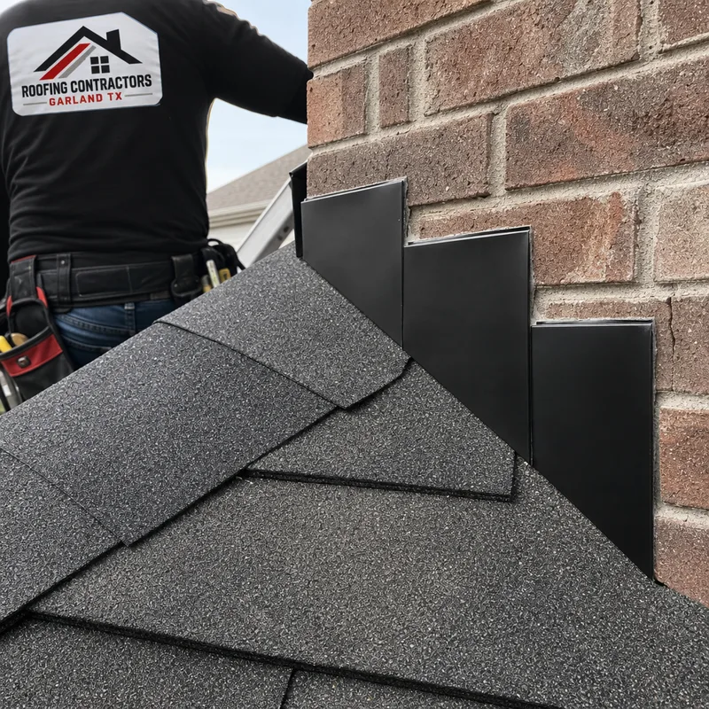 Step flashing where shingles meet a brick wall, with a roofer in the background