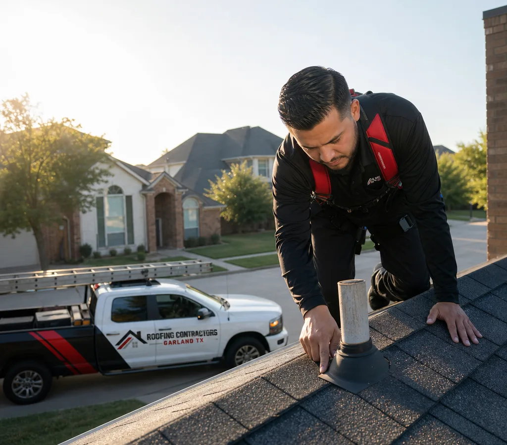 Contractor inspecting a residential roof penetration in Garland, Texas