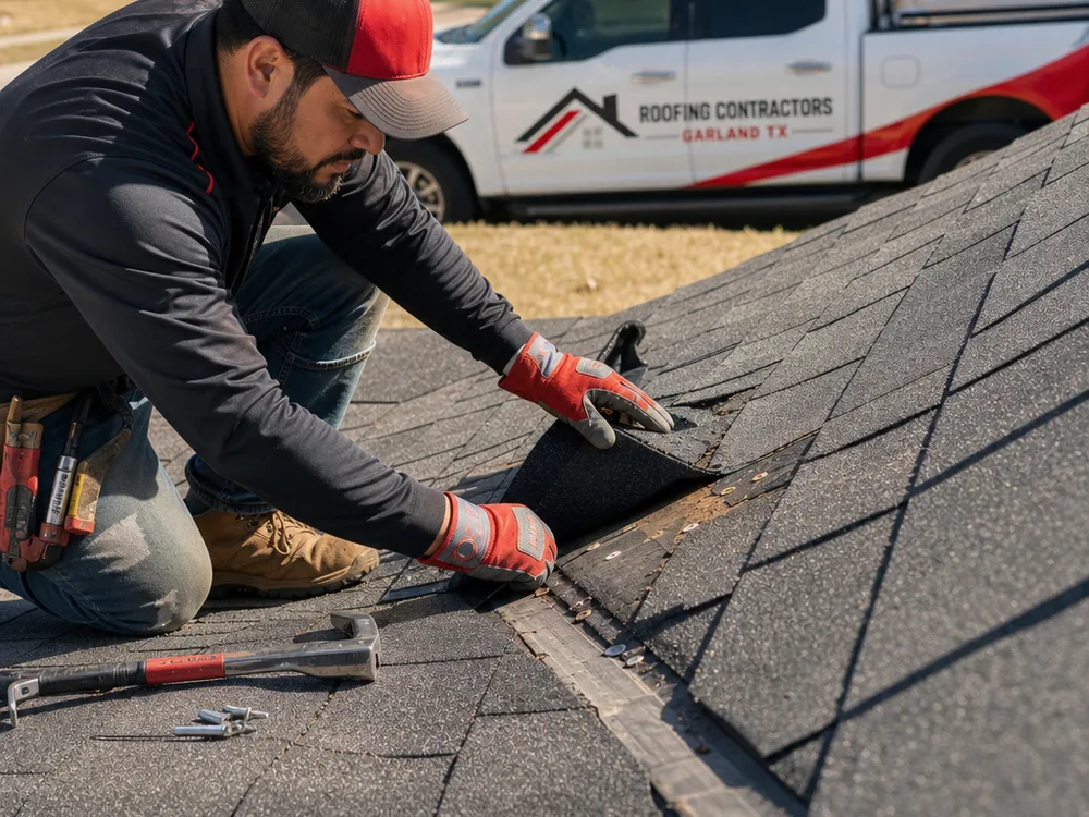 Roofer lifting asphalt shingles to check the layers underneath near a roof valley