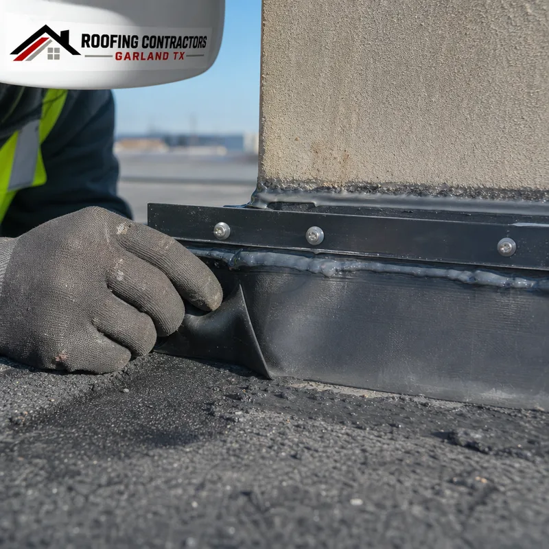 Roof flashing at a parapet wall termination with termination bar and sealant visible on a low-slope commercial roof