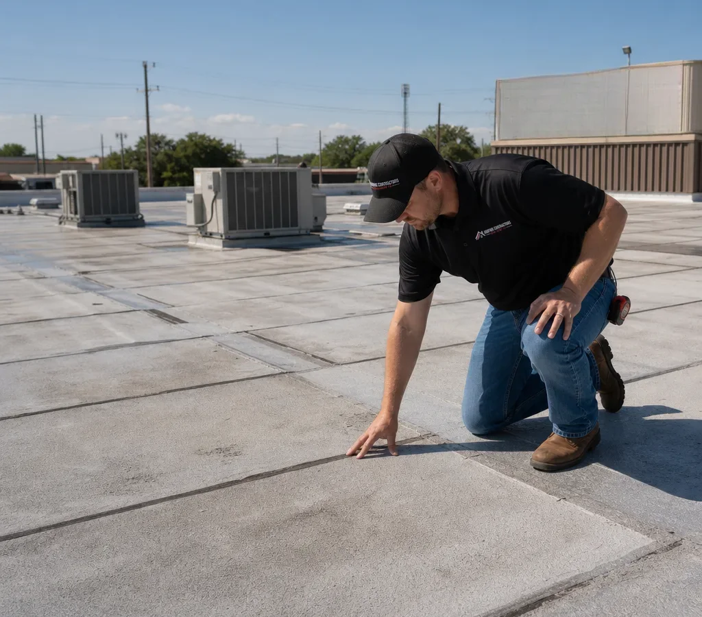 Roofing contractor kneeling to check the surface of a flat commercial roof near rooftop units