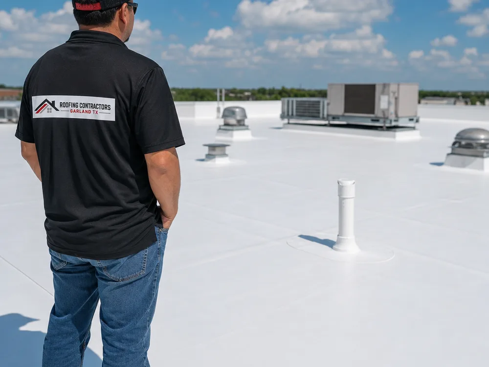 Finished white single-ply membrane commercial roof with clean weld lines, flashed penetrations, and HVAC curbs