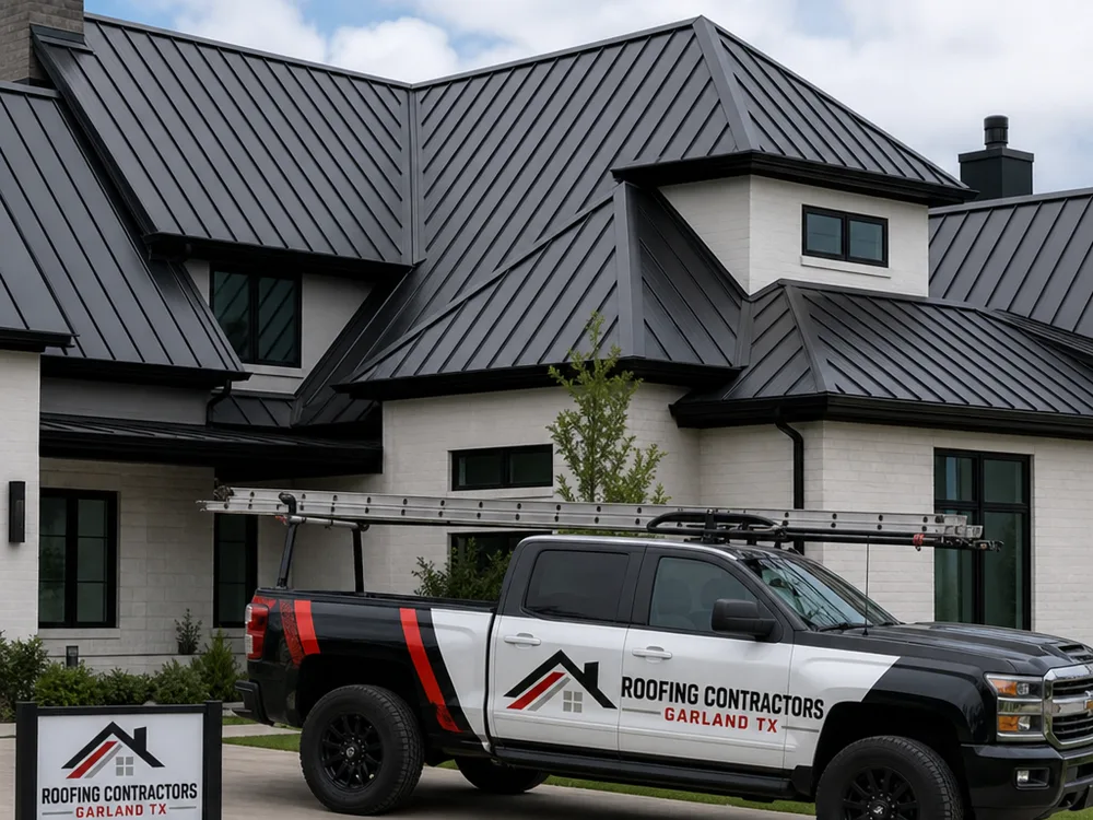 Large home with a dark standing seam metal roof and several roof slopes