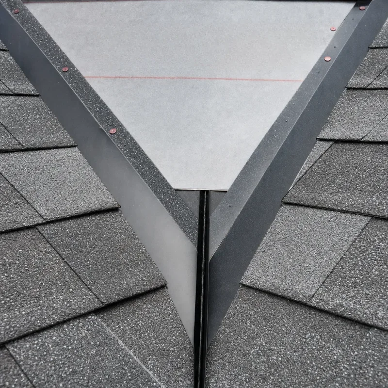 Underlayment and valley metal exposed between shingle slopes during roof work