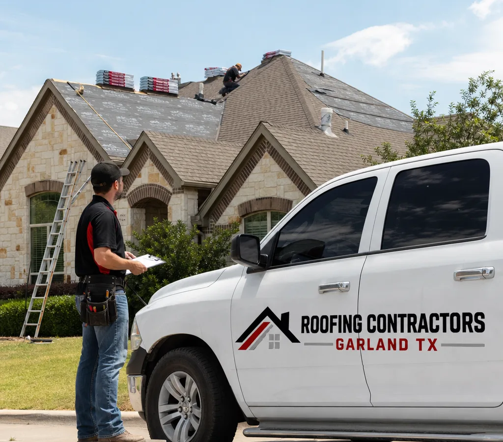 Roofing contractor holding paperwork in front of a house with roofing materials staged on the roof
