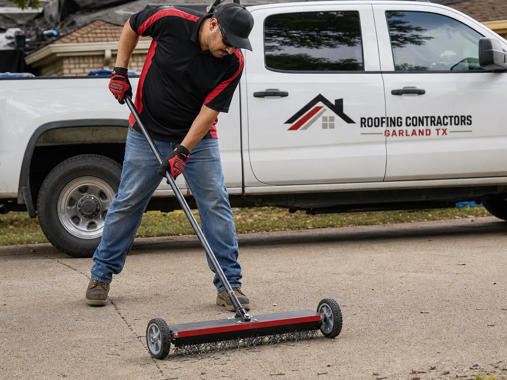 Worker pushing a magnetic sweeper across a driveway beside a pickup truck