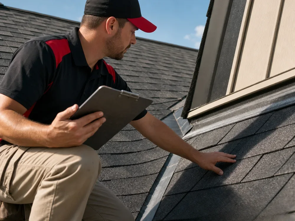 Roofing contractor with a clipboard checking shingles beside a wall on a residential roof