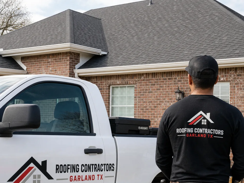 Roofer seen from behind looking toward a brick home with an asphalt shingle roof