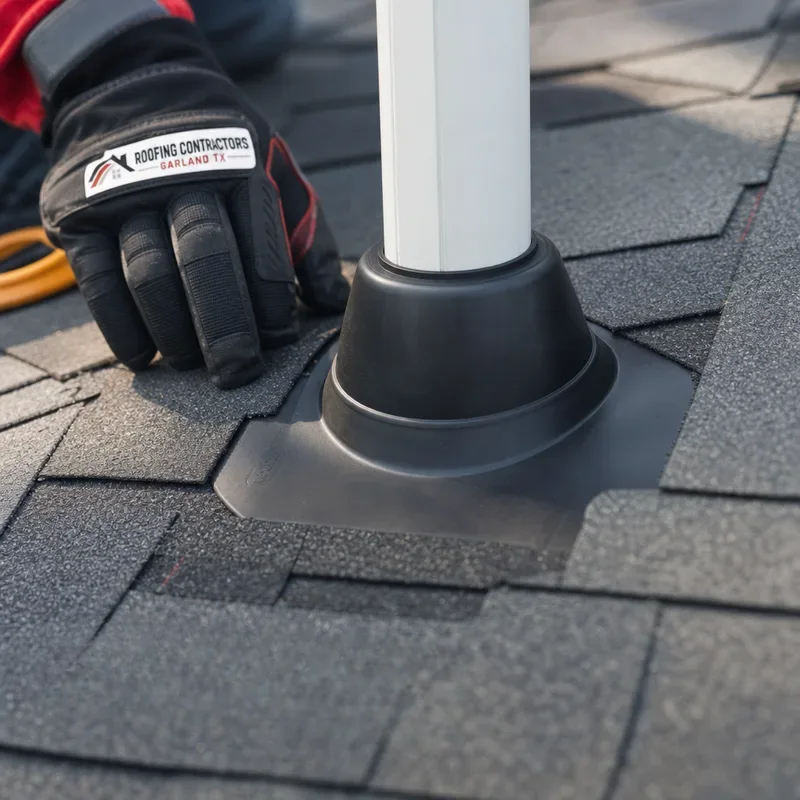 Roof pipe boot flashing installed around a plumbing vent with shingles around the flange