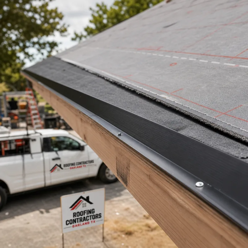 Roof edge showing new drip edge metal and underlayment before shingles go on
