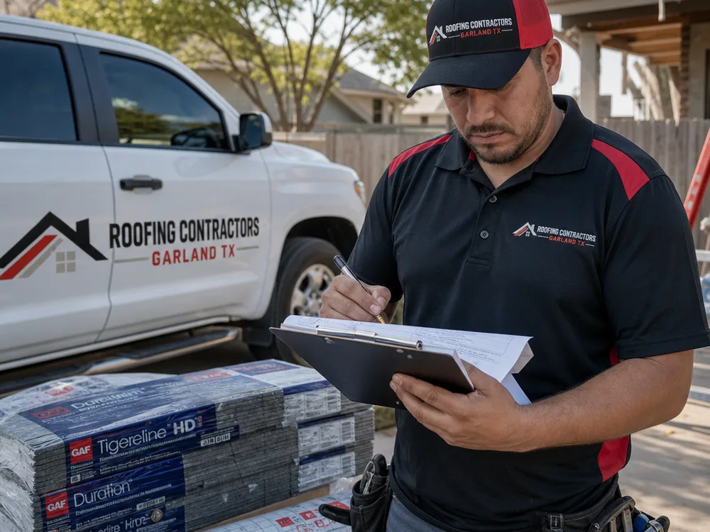 Roofing contractor writing notes on a clipboard beside bundles of shingles