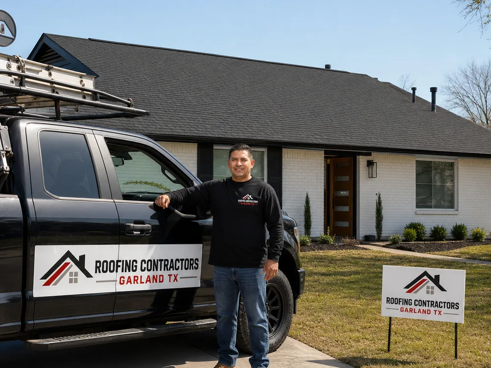 Roofing contractor standing beside a pickup truck in front of a single-story home with a dark shingle roof