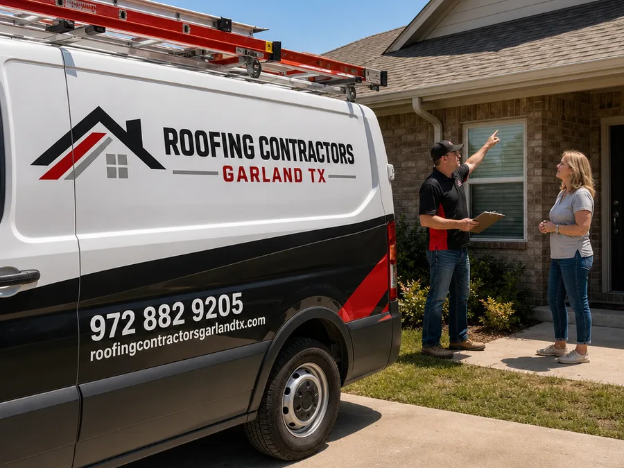 Roofing contractor pointing toward a roof while talking with a homeowner outside the house